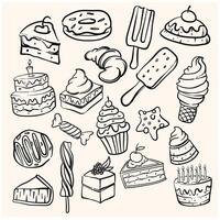 Doodle desserts and sweets. Line art illustration. Bakery Cartoon doodle vector