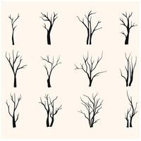 Black Branch Tree or Naked trees silhouettes set. Illustration style doodle and line art vector