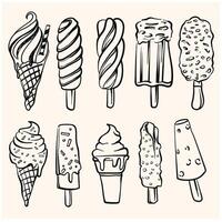 Set of doodles drawn with various types of ice cream, illustrations with doodle style and cream background vector