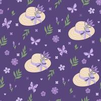 Seamless pattern with lavender flowers, butterflies and hats. Vector graphics.