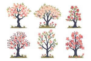 Set of spring blooming trees isolate on a white background. Vector graphics.