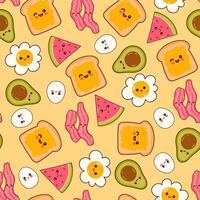 Seamless pattern with kawaii breakfast food. Vector graphics.