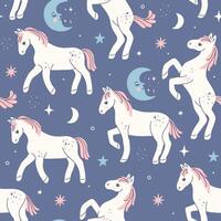 Seamless pattern with cute night starry horses. Vector graphics.