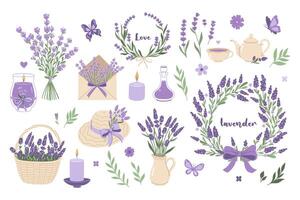 un conjunto de artículos con lavanda flores vector gráficos.