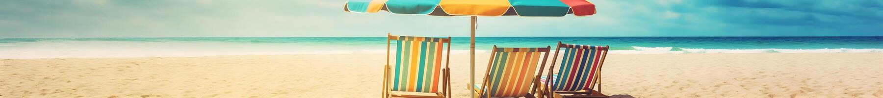 AI generated Beach umbrella with chairs on the sand beach - summer vacation theme header, neural network generated art photo
