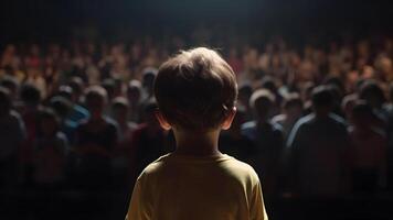 AI generated Small child gives a speech on stage in front of thousands people crowd, view from behind, neural network generated picture photo