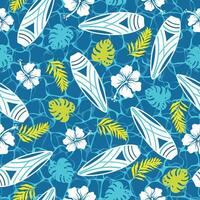 Seamless pattern with surfboard, flowers and leaves. Summer print. vector