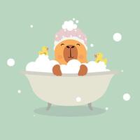 Cute Capybara with shower cap. Funny animal character takes a bath. Capybara swims with a yellow duck and bubbles vector