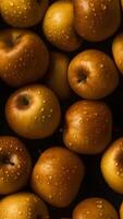 AI generated Fresh golden apples with water drops seamless closeup background and texture, neural network generated image photo