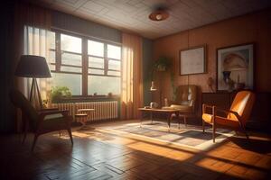 AI generated photorealistic mid century interior with sunlight from windows at summer day, neural network generated photorealistic image photo