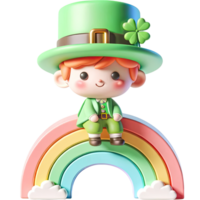 AI generated 3D Leprechaun cute cartoon character with riding on the rainbow. png