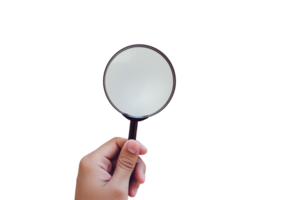 AI generated hand holding a magnifying glass on a transparent background png
