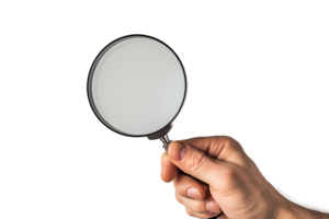 AI generated hand holding a magnifying glass on a transparent background png