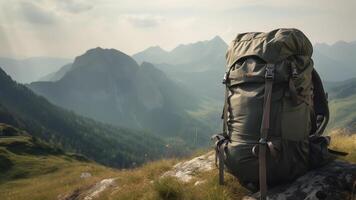 AI generated Big hiking and trekking backpack with blurred mountains in the background, neural network generated picture photo