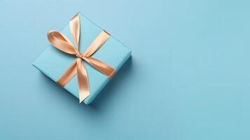 AI generated One gift box in craft wrapping paper and satin ribbon with bow on light blue clean flat surface background, neural network generated image photo