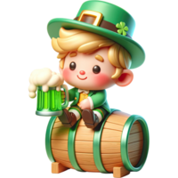 ai generiert 3d Kobold st. Patrick's Tag süß Karikatur Charakter mit Grün Bier Pint Sitzung auf ein Bier Fass. png