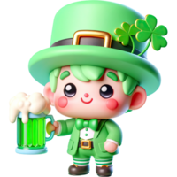 AI generated 3D Leprechaun St. Patrick's Day cute cartoon character with Green beer pint. png