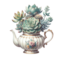 AI generated Succulent plants with a vintage teapot planter watercolor clipart png