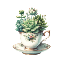 AI generated Succulent plants with a vintage teapot planter watercolor clipart png