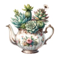 AI generated Succulent plants with a vintage teapot planter watercolor clipart png