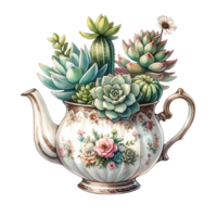 ai generato succulento impianti con un' Vintage ▾ teiera piantatore acquerello clipart png