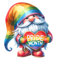 AI generated Pride Gnome holding Pride Month heart watercolor clipart. Ai Generate png