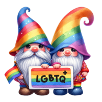 ai généré couple fierté gnome en portant lgbtq bannière aquarelle clipart. ai produire png