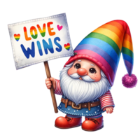 AI generated gnome holding a Love Wins banner watercolor clipart. Ai Generate png
