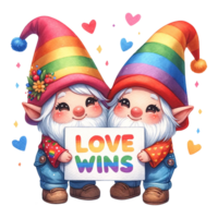 AI generated couple gnome holding Love Wins banner watercolor clipart. Ai Generate png
