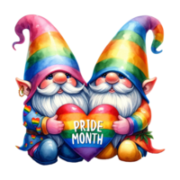 AI generated Couple Pride Gnome holding Pride Month heart watercolor clipart. Ai Generate png