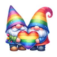 AI generated Couple Pride Gnome holding rainbow heart watercolor clipart. Ai Generate png