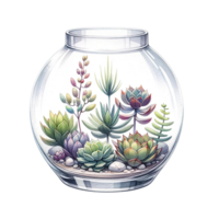 AI generated Succulents  with  glass terrarium watercolor clipart png