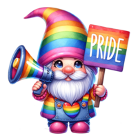 AI generated gnome with a rainbow megaphone and pride  sign watercolor clipart. Ai Generate png