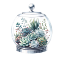 AI generated Succulents with a glass cloche watercolor clipart png