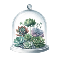 AI generated Succulents with a glass cloche watercolor clipart png