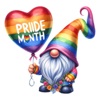 AI generated Pride Gnome holding rainbow heart shape balloon watercolor clipart. Ai Generate png