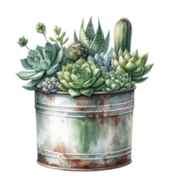 ai généré plantes succulentes avec une style vintage métal pot aquarelle clipart png