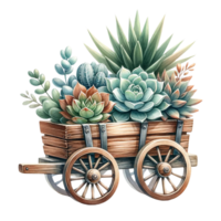 AI generated Succulent arrangement in a wooden wagon watercolor clipart png