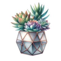 AI generated Succulent plant with a metallic geometric planter watercolor clipart png