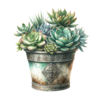 ai generato succulente con un' stile vintage metallo pentola acquerello clipart png