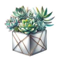 AI generated Succulent plant with a metallic geometric planter watercolor clipart png