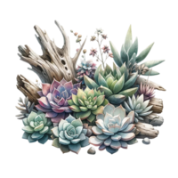 AI generated Succulent garden with driftwood accents  watercolor clipart png
