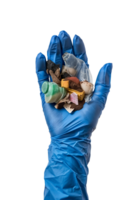 ai generiert Hand im Blau Kleider halten anders Arten von Abfall isoliert auf ein transparent Hintergrund png