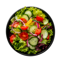 Bowl of salad in black bowl top view isolated on transparent background png