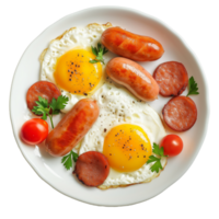 AI generated Fried eggs with sausages top view isolated on transparent food photo png