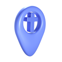 Christian 3d blue cross geotag gps icon. Element for church place, religious building address png