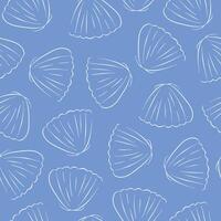 Scallop seamless pattern on a blue in line art style. Undersea design for fabric, textile print, wrapping paper, cover. Vector illustration on a blue background.