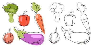 Small set with hand drawn line art vegetables. Sketch style. Flat icons onion, pepper, eggplant, carrot, broccoli. Vector illustration isolated on a white background.