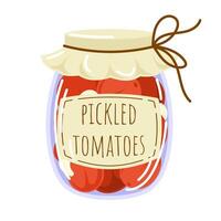 Homemade pickled tomatoes in glass jar. Flat style illustration of marinated vegetables for packaging, label, menu, food store. Vector illustration isolated on a white background.
