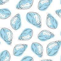 Seashell seamless pattern in line art style with blue color. Undersea background design for textile, package, fish restaurant. Vector illustration on a white background.